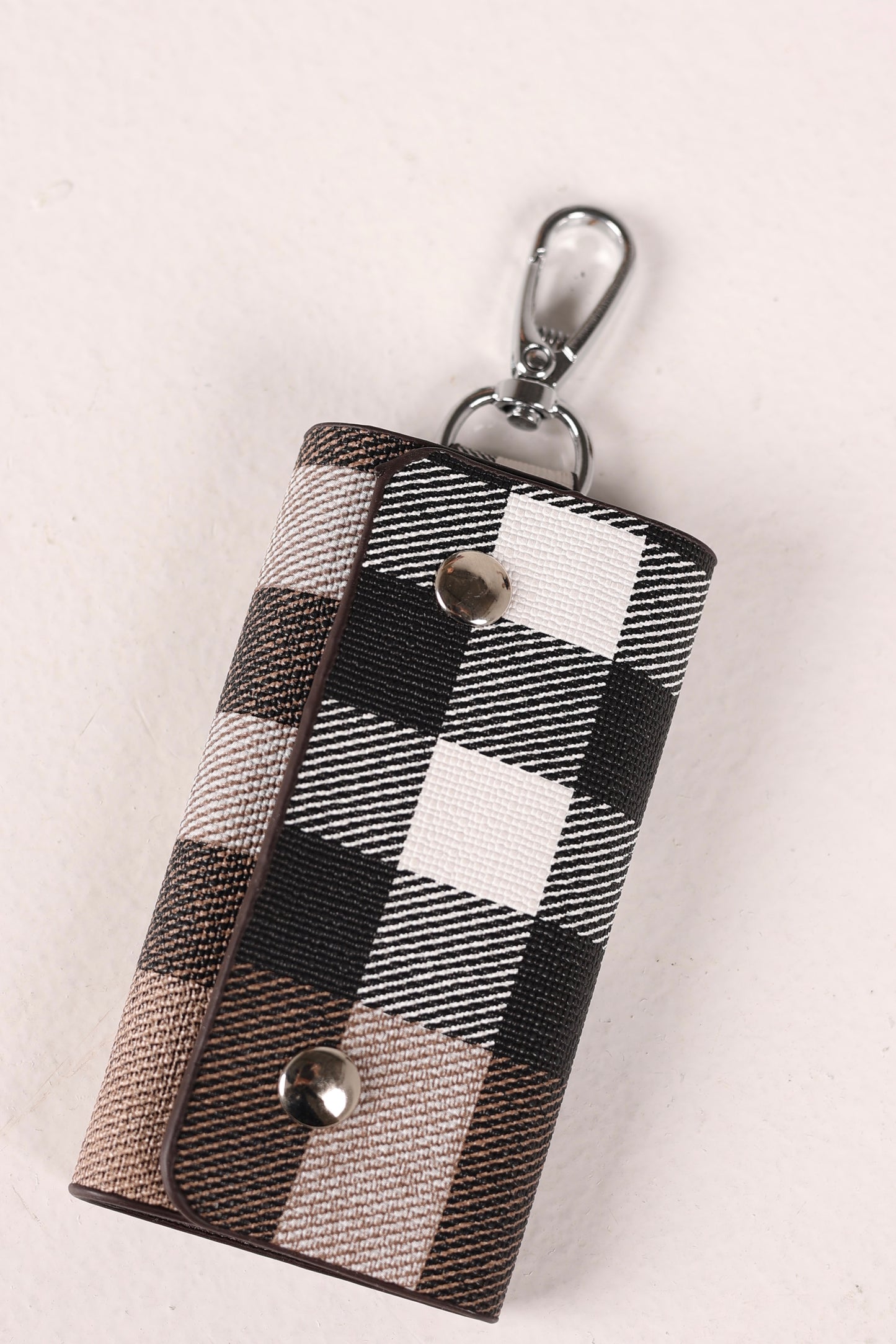 Black White Brown Checks Leather Key Fob