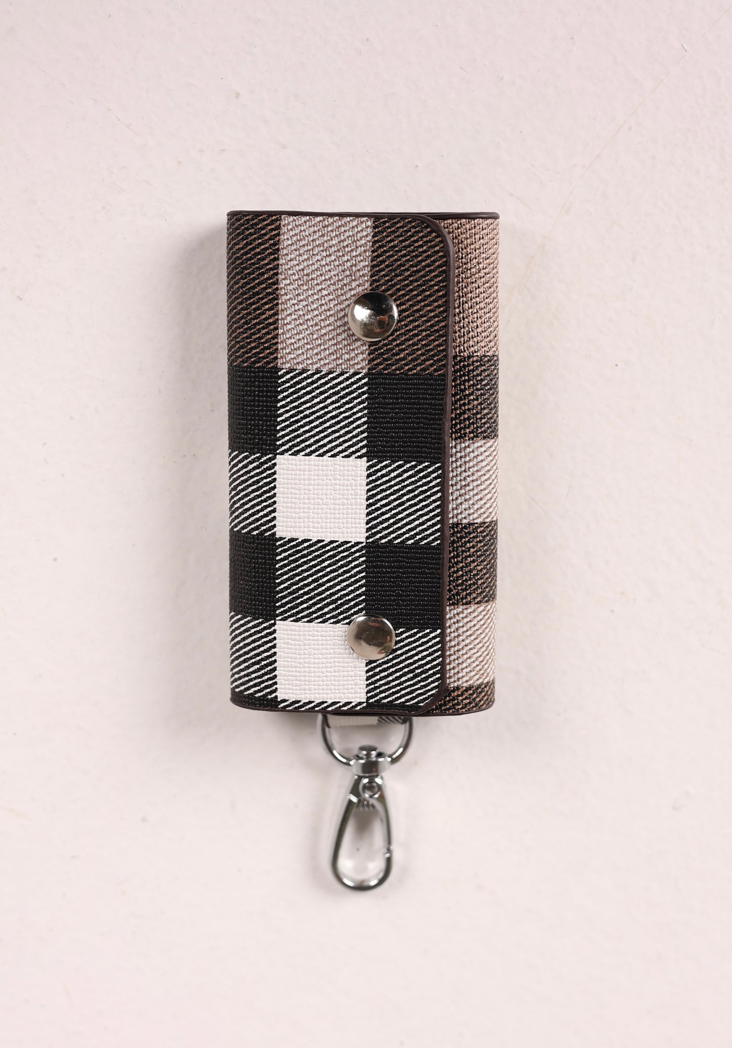 Black White Brown Checks Leather Key Fob