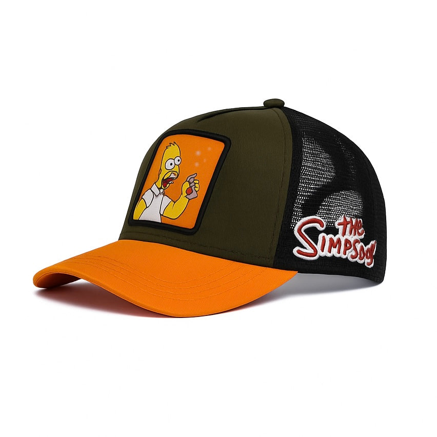 Unisex Mesh Cap with Homer Simpson Patch (Olive, Orange & Black)