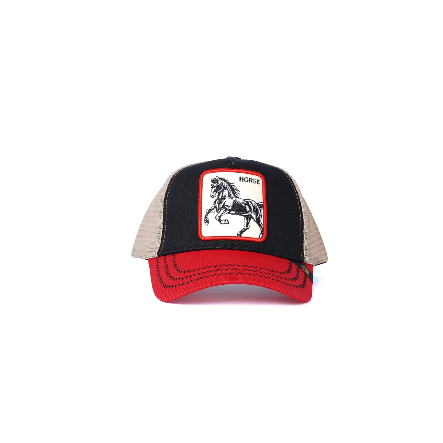 Unisex Mesh Cap with Printed Horse (Black / Red )