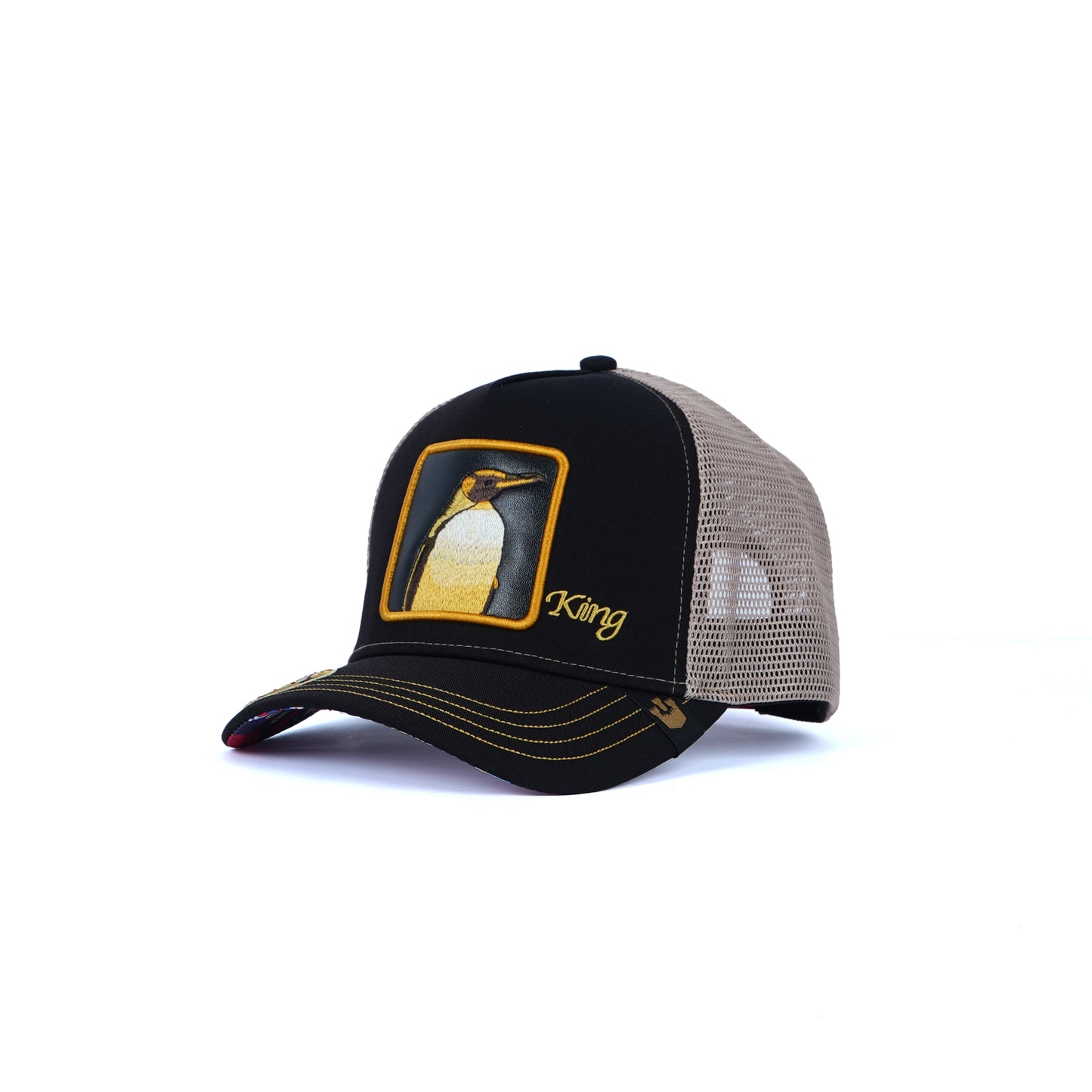 Unisex Mesh Cap with King Penguin (Black, Beige & Yellow-Gold)