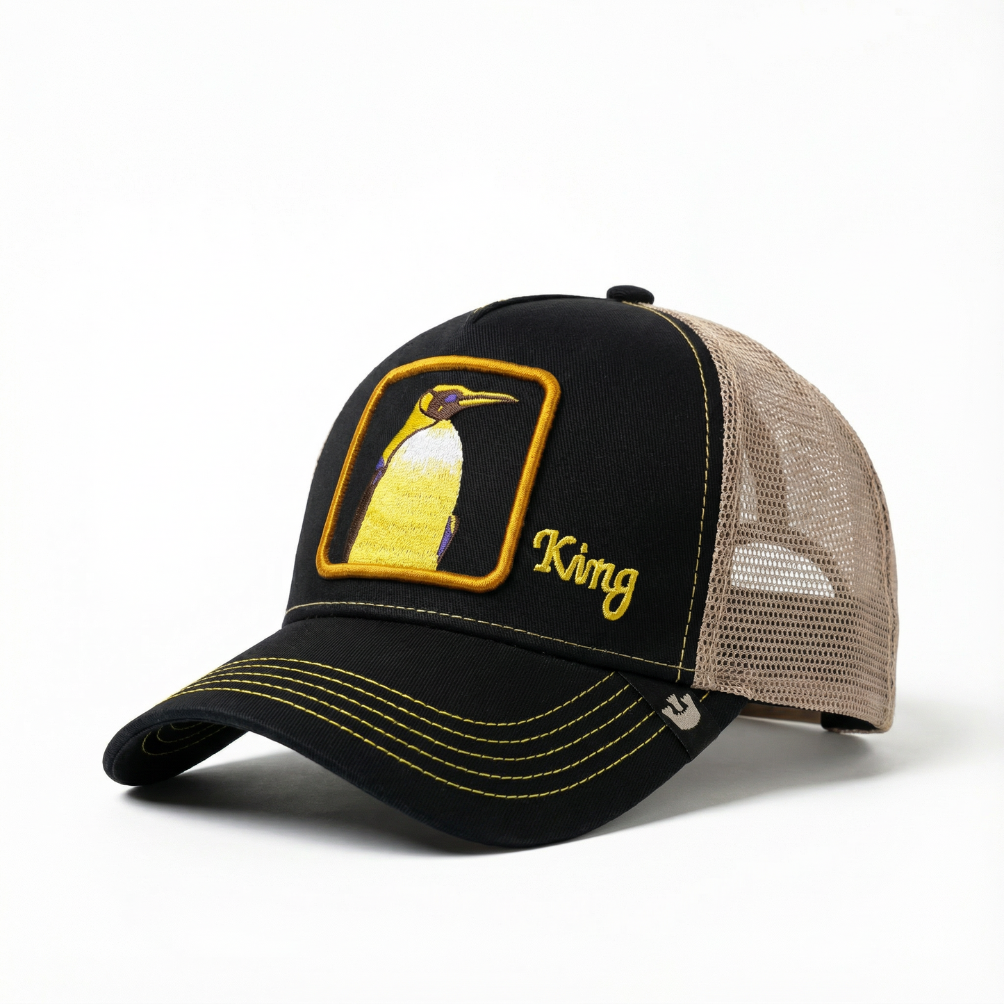 Unisex Mesh Cap with King Penguin (Black, Beige & Yellow-Gold)