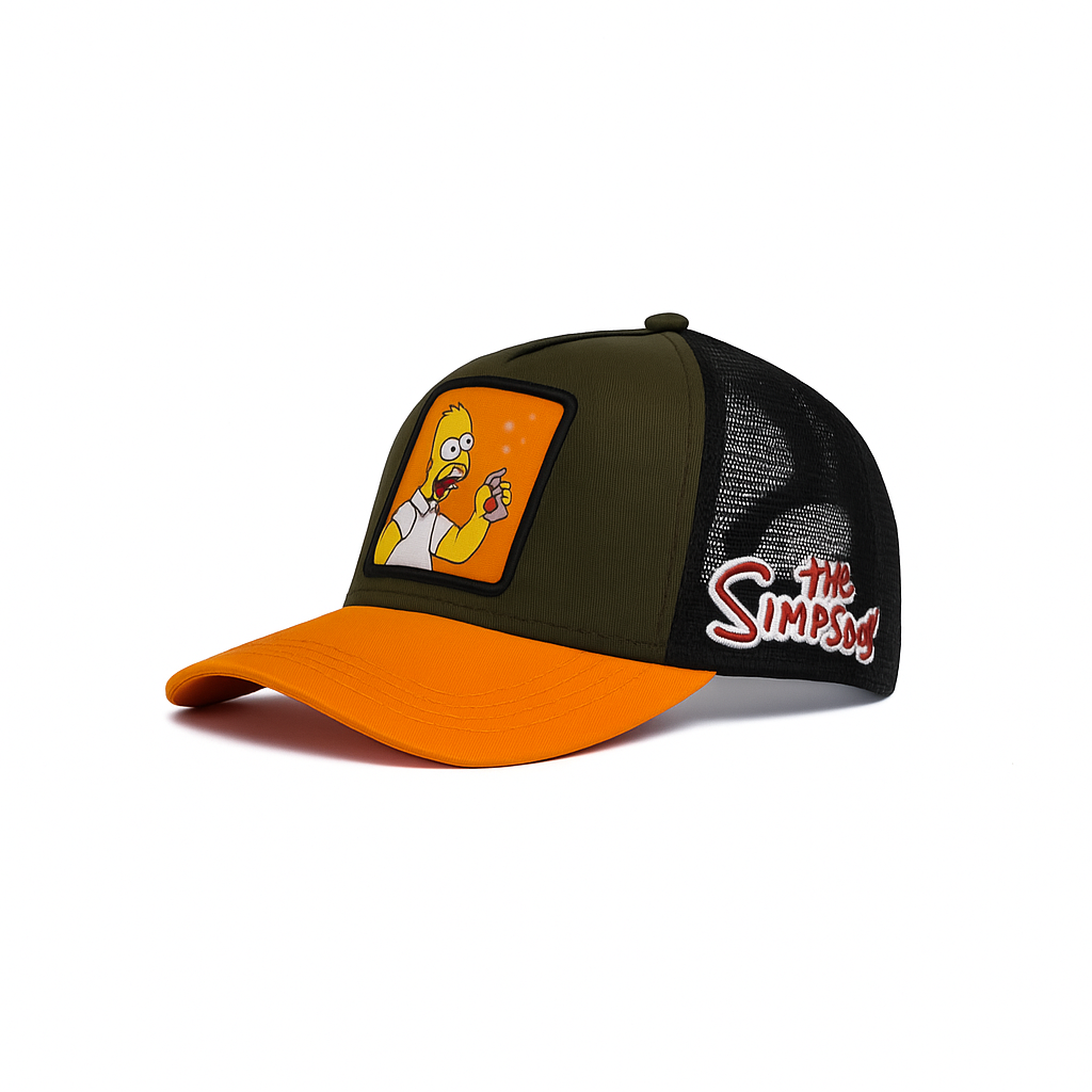Unisex Mesh Cap with Homer Simpson Patch (Olive, Orange & Black)