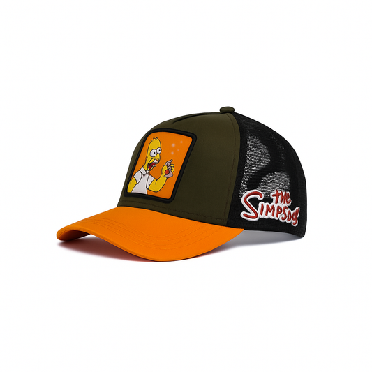 Unisex Mesh Cap with Homer Simpson Patch (Olive, Orange & Black)