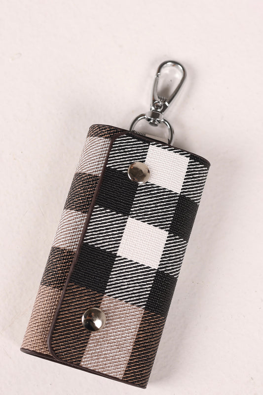 Black White Brown Checks Leather Key Fob