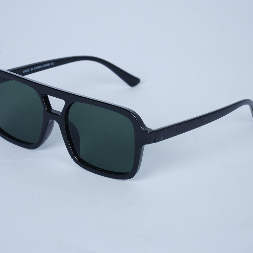 Unisex Black Rectangle Sunglasses with Green Lenses & Solid Frame