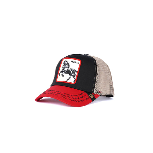 Unisex Mesh Cap with Printed Horse (Black / Red )
