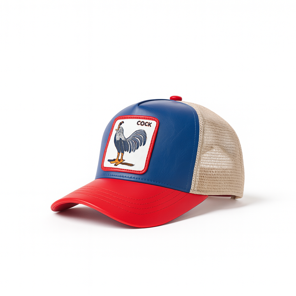 Unisex Mesh Cap with Cock Patch (Red, Navy & Beige)