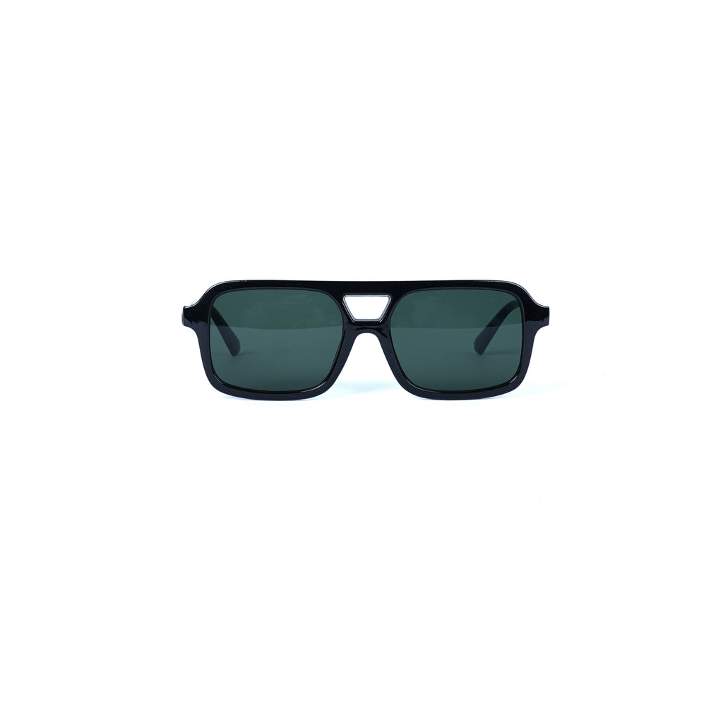 Unisex Black Rectangle Sunglasses with Green Lenses & Solid Frame